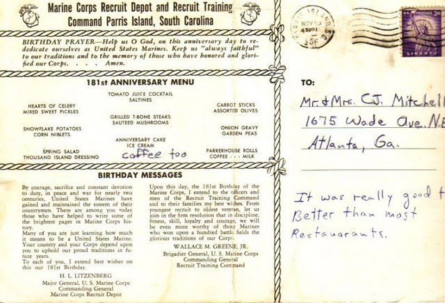 MC Birthday Menu – Parris Island, Nov. 10, 1956