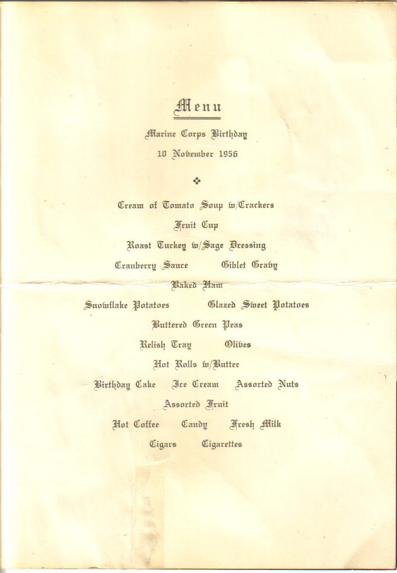 Old Marine Corps Birthday menu 1956
