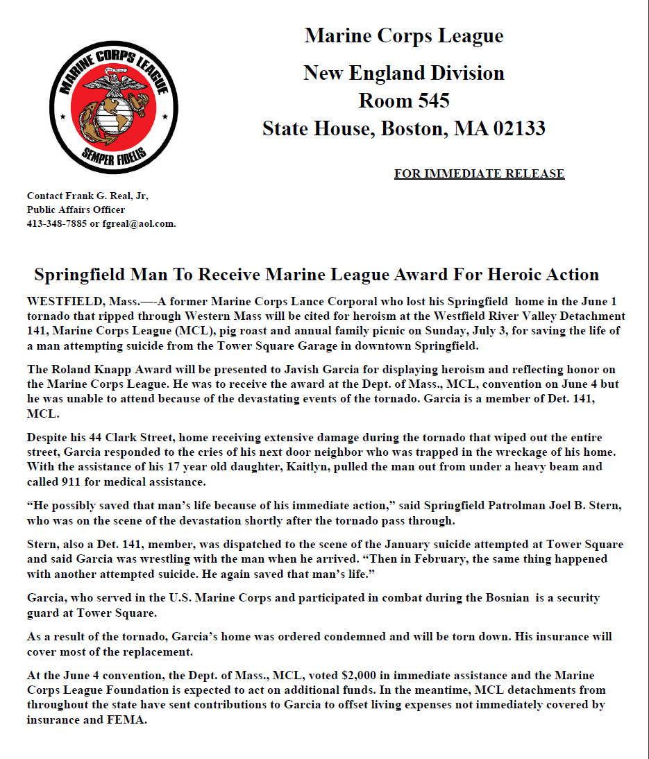 Springfield Man To Receive Marine League Award For Heroic Action