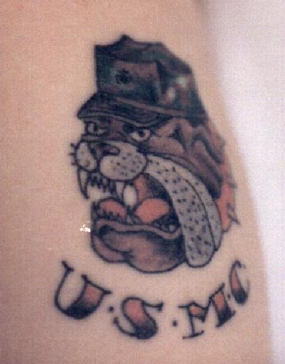 Bulldog, EGA, and Meat Tag Tattoos