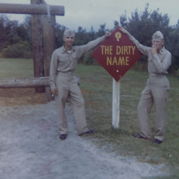 Norm and Bill by the dirty name obstacle course at MCRD Parris Island