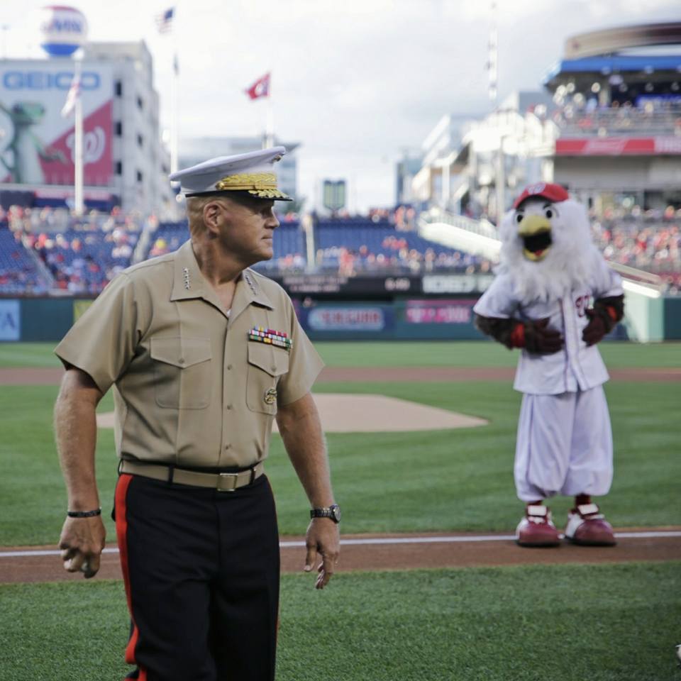 The Commandant of the Marine Corps Gen. Robert Neller starts the Washington Nationals game by throwing the opening pitch. This game is devoted to honoring our corps, country and families.
